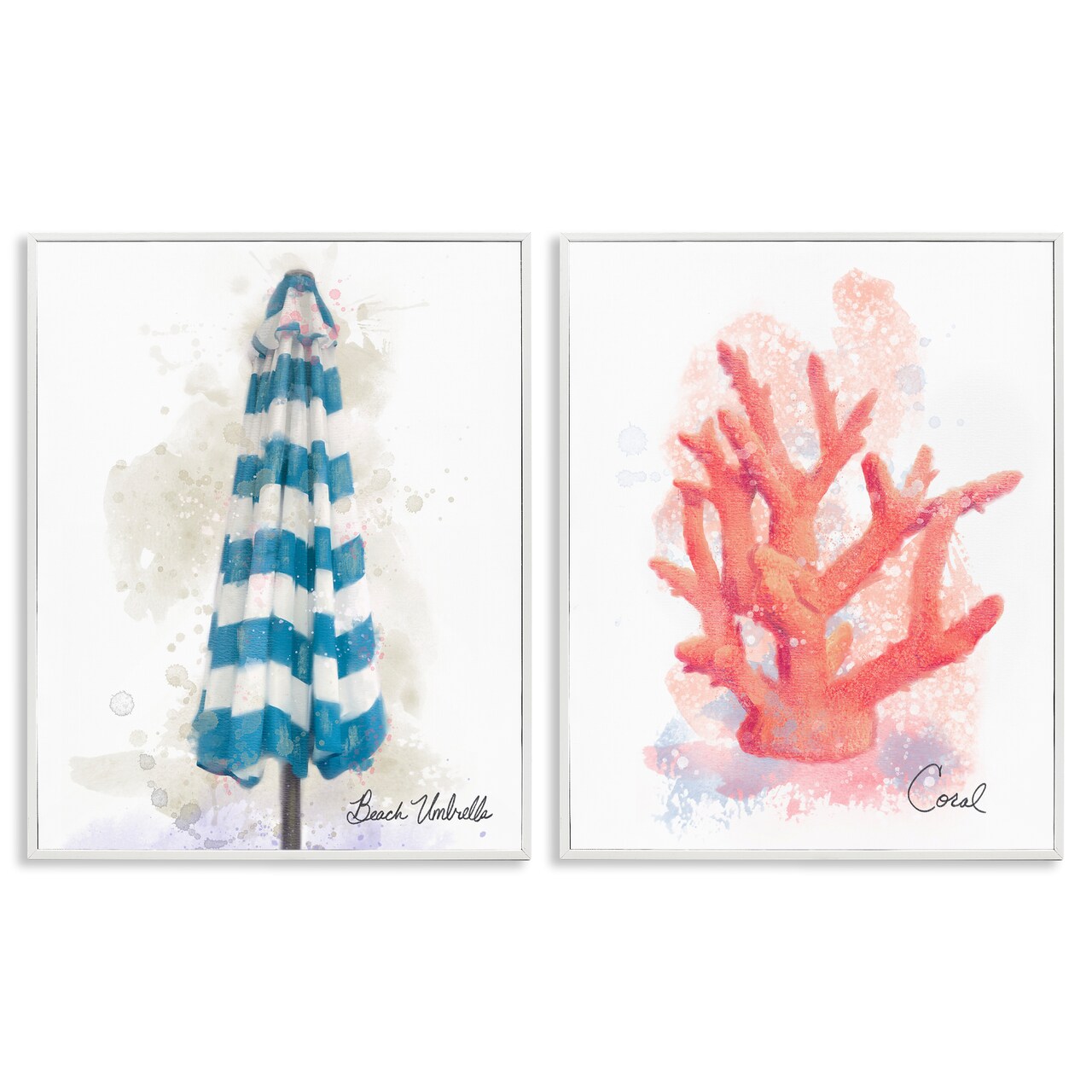 Stupell Industries Beach Umbrella & Coral Branch 2pc Framed Giclee Set, design by Matthew Piotrowicz